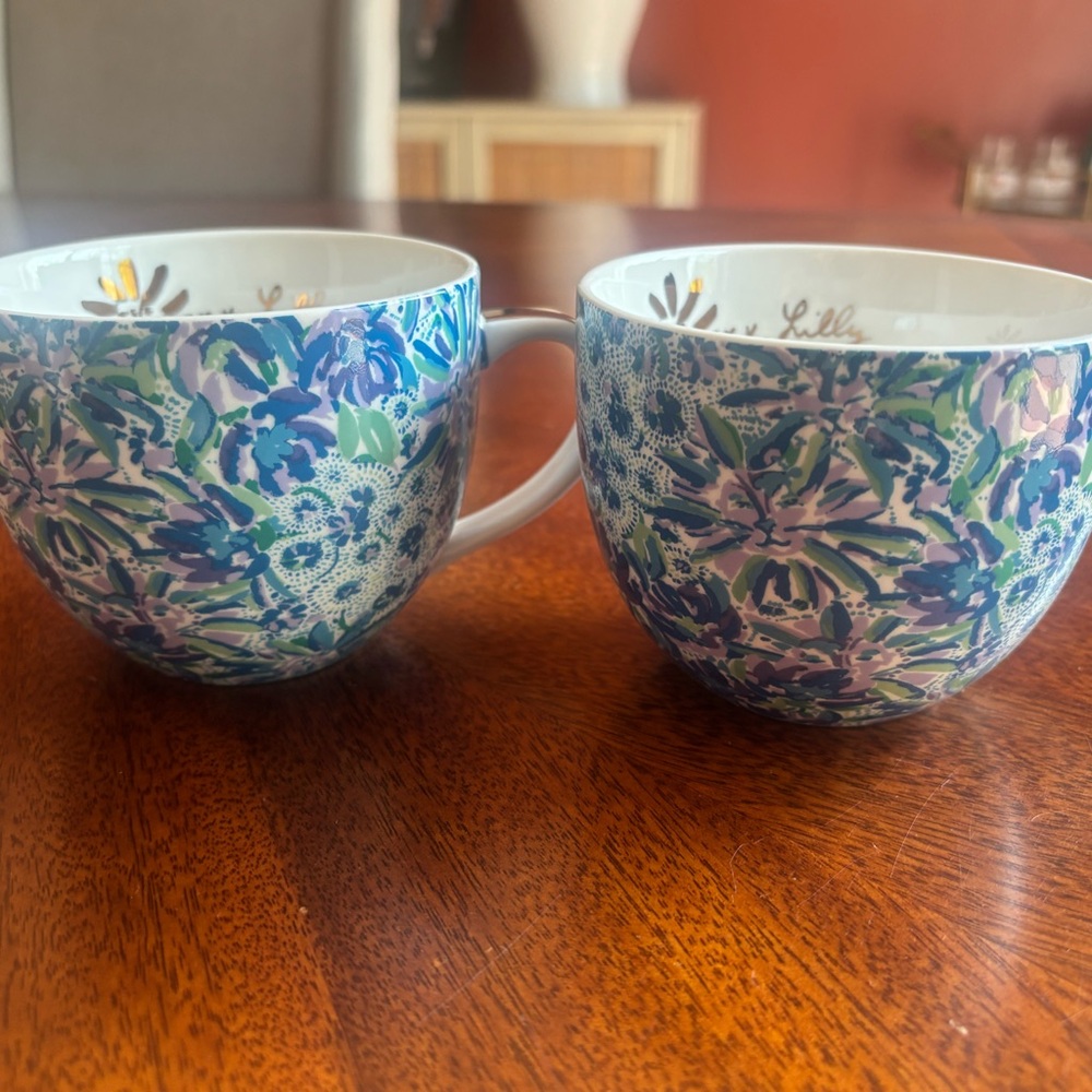 Lilly Pulitzer 12 Ounce Blue Ceramic Coffee/Tea Mug with Gold Handle - Set of 2